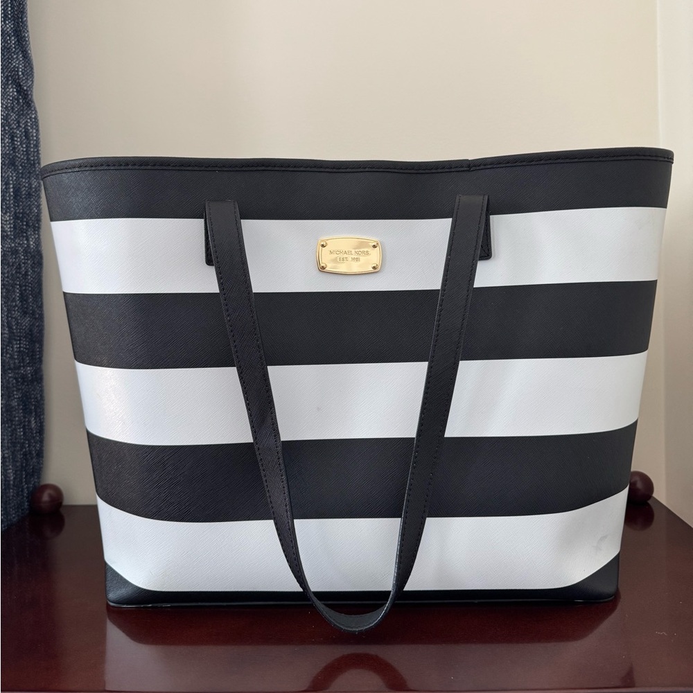 Michael Kors Black and White Striped Tote Bag